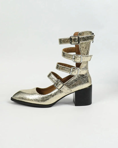 Women Summer Boots Retro Design Belt Buckle Roman Cool Boots High Thick Heel Hollow Golden Silvery Black Sandals for Woman