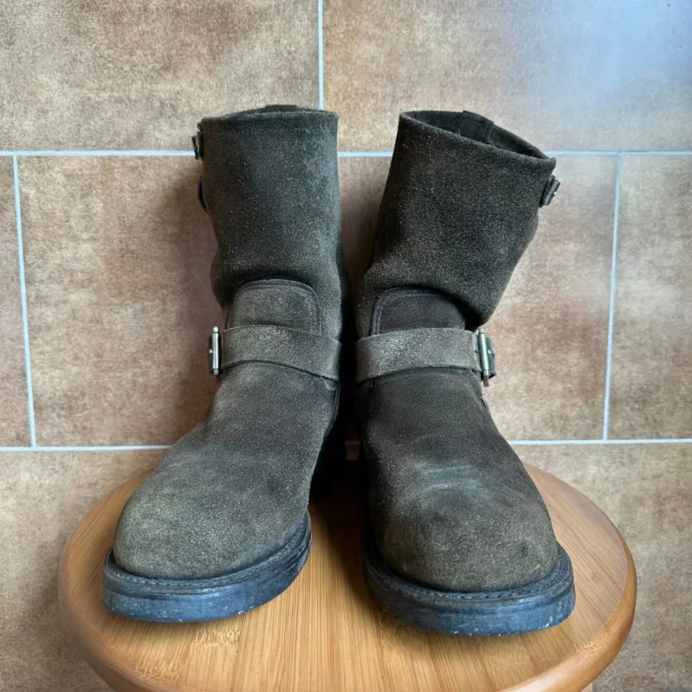 Fashion Men's Genuine Leather Motorcycle Boots Handmade Mid-Calf Metal Buckle Strap Work Shoes Engineer Boots Knight Boots