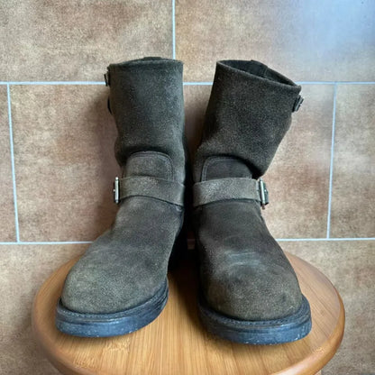 Fashion Men's Genuine Leather Motorcycle Boots Handmade Mid-Calf Metal Buckle Strap Work Shoes Engineer Boots Knight Boots