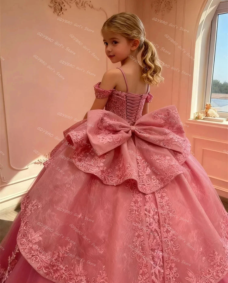Customized Pink Flower Girl Dress For Wedding Bowknot Appliques Short  Sleeve Floor Length Kids Birthday First Communion Gown