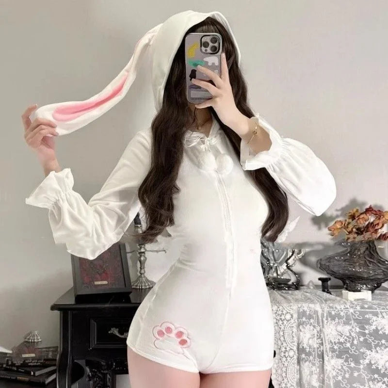 New Rompers Women Playsuits Hooded Sweet Rabbit Ears Cartoon Printed Hooded Funny Sweet Y2k Harajuku Grunge Sexy Jumpsuit