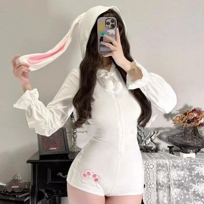New Rompers Women Playsuits Hooded Sweet Rabbit Ears Cartoon Printed Hooded Funny Sweet Y2k Harajuku Grunge Sexy Jumpsuit