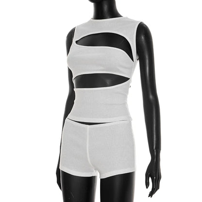 Chic Women Black Round Neck Sleeveless Cut Out Tank Top and Shorts Set for Casual Sexy Party