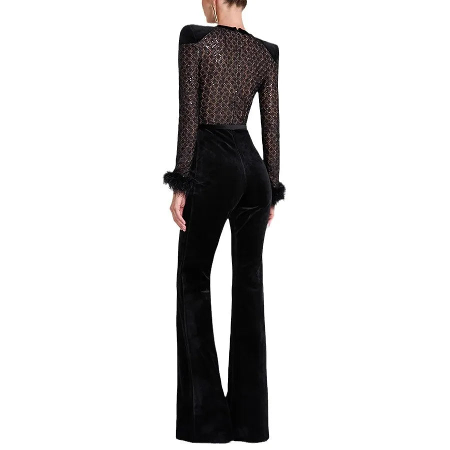 New Women's Fashion Long Sleeve Round Neck Gold Velvet Patchwork Sexy Jumpsuit Ladies Solid Color Slim Fit Jumpsuit For Women