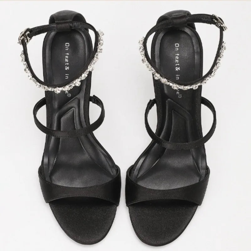Luxury Rhinestone Satin Elegant High Heels Women Ankle Buckle Open Toe Fashion Sandals Female Designer Wedding Dress Shoes Party