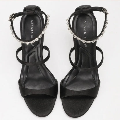 Luxury Rhinestone Satin Elegant High Heels Women Ankle Buckle Open Toe Fashion Sandals Female Designer Wedding Dress Shoes Party
