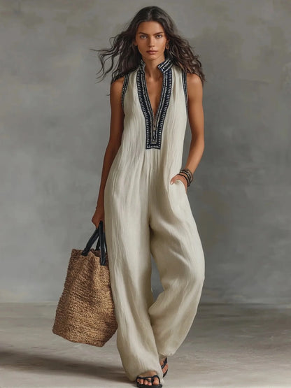 Sexy Deep V Neck Hollow Women's Jumpsuits Vintage Printed High Waist Slim Office Romper Spring Summer Sleeveless Pocket