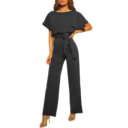 Women's clothing summer 2024 Jumpsuit, Elegant Short Sleeve Hollowed Waist Tie Solid Summer Wide Leg Pants