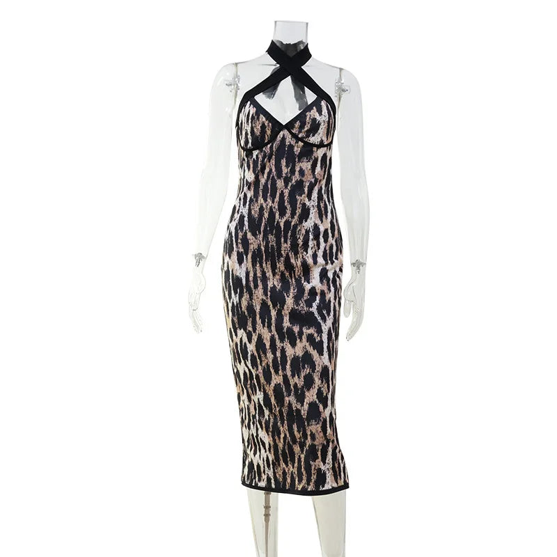 2026 Summer Fashion New Women's Elegant Design Leopard Pattern Dress Slimming Bag Hip Hanging Neck Hanging Long Dress
