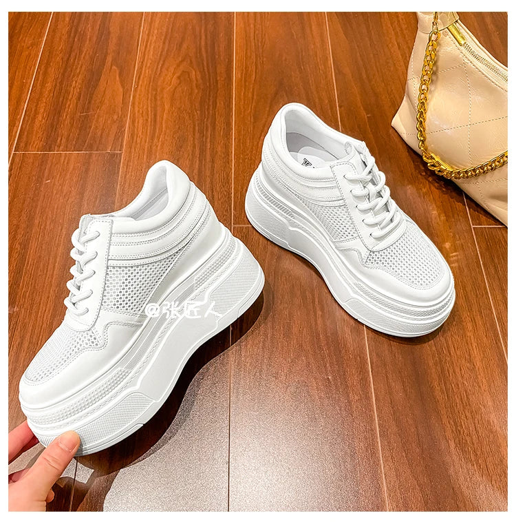 10-14cm Chunky Sneakers Women Platform Shoes Elevator Shoe White Mesh Breathable Sneakers Real Leather Increasing Shoes