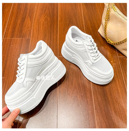 10-14cm Chunky Sneakers Women Platform Shoes Elevator Shoe White Mesh Breathable Sneakers Real Leather Increasing Shoes