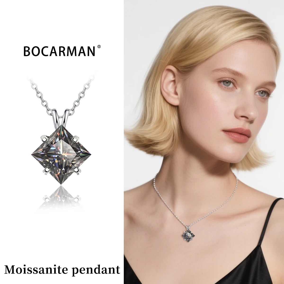 BOCARMAN S925 Sterling Silver Necklace with Colorful Princess Cut Moissanite Inlay Clavicle Chain Pendant for Women Gift