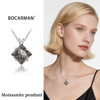 BOCARMAN S925 Sterling Silver Necklace with Colorful Princess Cut Moissanite Inlay Clavicle Chain Pendant for Women Gift