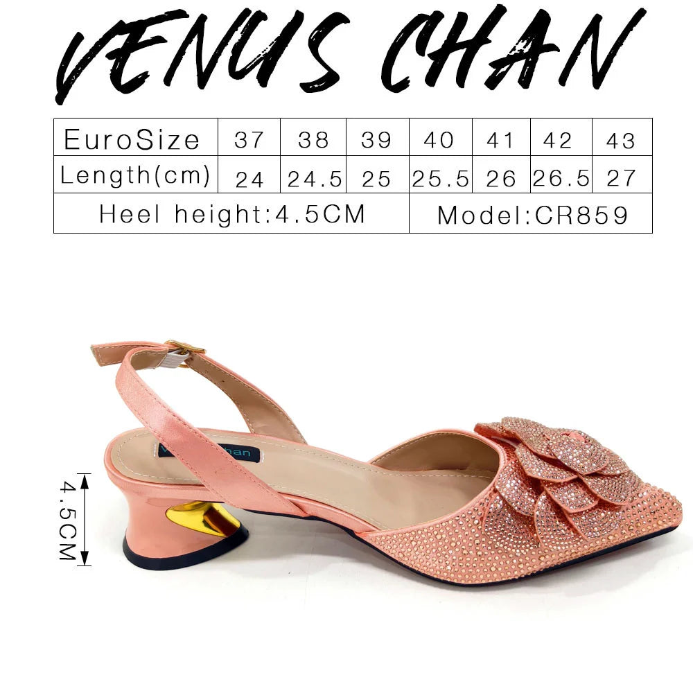 Italian Design Evening Shoes And Bags Paired With Handmade Petal Gold Colour Pointed Toe Mid-Heel Shoes For Women Party Shoes