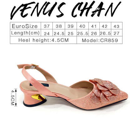 Italian Design Evening Shoes And Bags Paired With Handmade Petal Gold Colour Pointed Toe Mid-Heel Shoes For Women Party Shoes