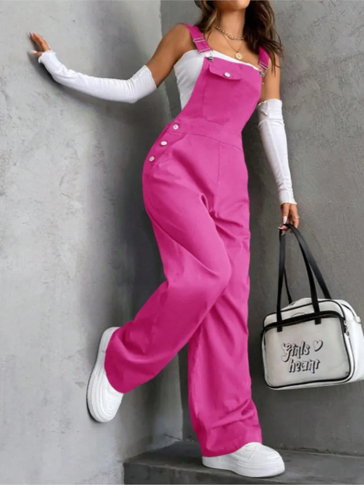 Women's Casual Bib Overalls Adjustable Shoulder Strap Pocket Wide Leg Jumpsuit Loose Straight Women Streetwear Suspender Pants