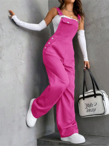 Women's Casual Bib Overalls Adjustable Shoulder Strap Pocket Wide Leg Jumpsuit Loose Straight Women Streetwear Suspender Pants