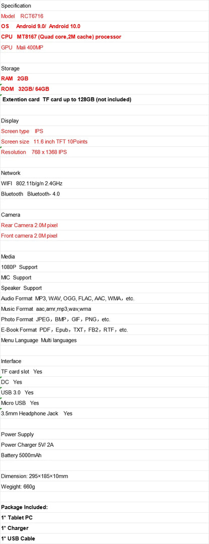 11.6 INCH 2GB RAM 32GB ROM RCT6716 Tablet PC MT8167 Android 10.0 Tablet PC 768 X 1368 IPS WIFI Quad Core Docking Keyboard