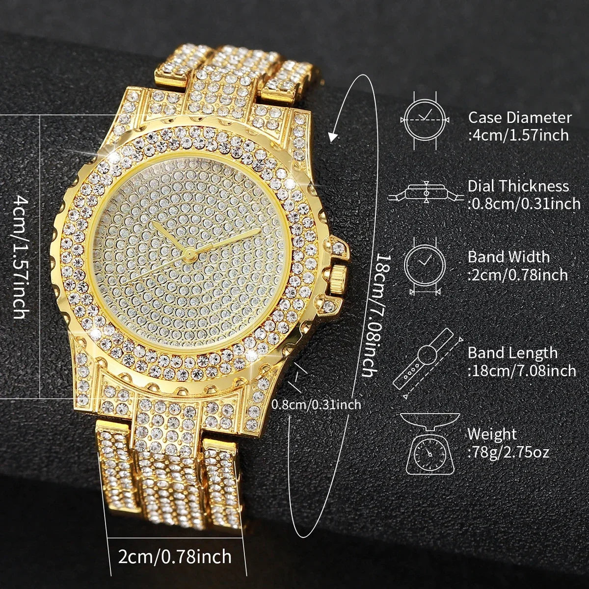 ABC2 Pcs Luxury Full Diamond Men's Watches Steel Band Gold Analog Watch Quartz Bracelet Set Men's Watch Homo Watch