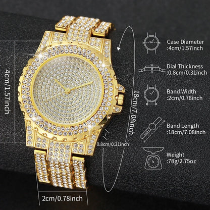 ABC2 Pcs Luxury Full Diamond Men's Watches Steel Band Gold Analog Watch Quartz Bracelet Set Men's Watch Homo Watch