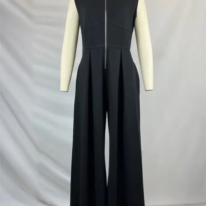 Fashion Sleeveless Jumpsuits Women's Trendy Solid Color V-Neck Zipper Loose Pockets High Waist Wide Leg Pants One Piece Outfits
