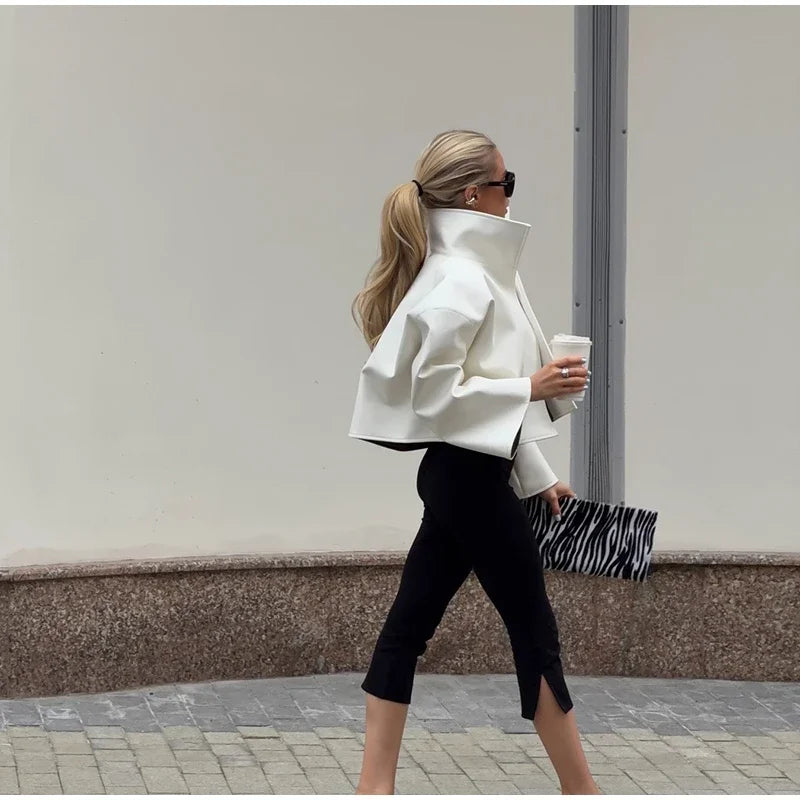 Women Cropped PU Leather Jacket Stand Collar Wide Flare Sleeve Asymmetrical Wrap Open Front Coat 2026 Autumn Chic Loose Jackets