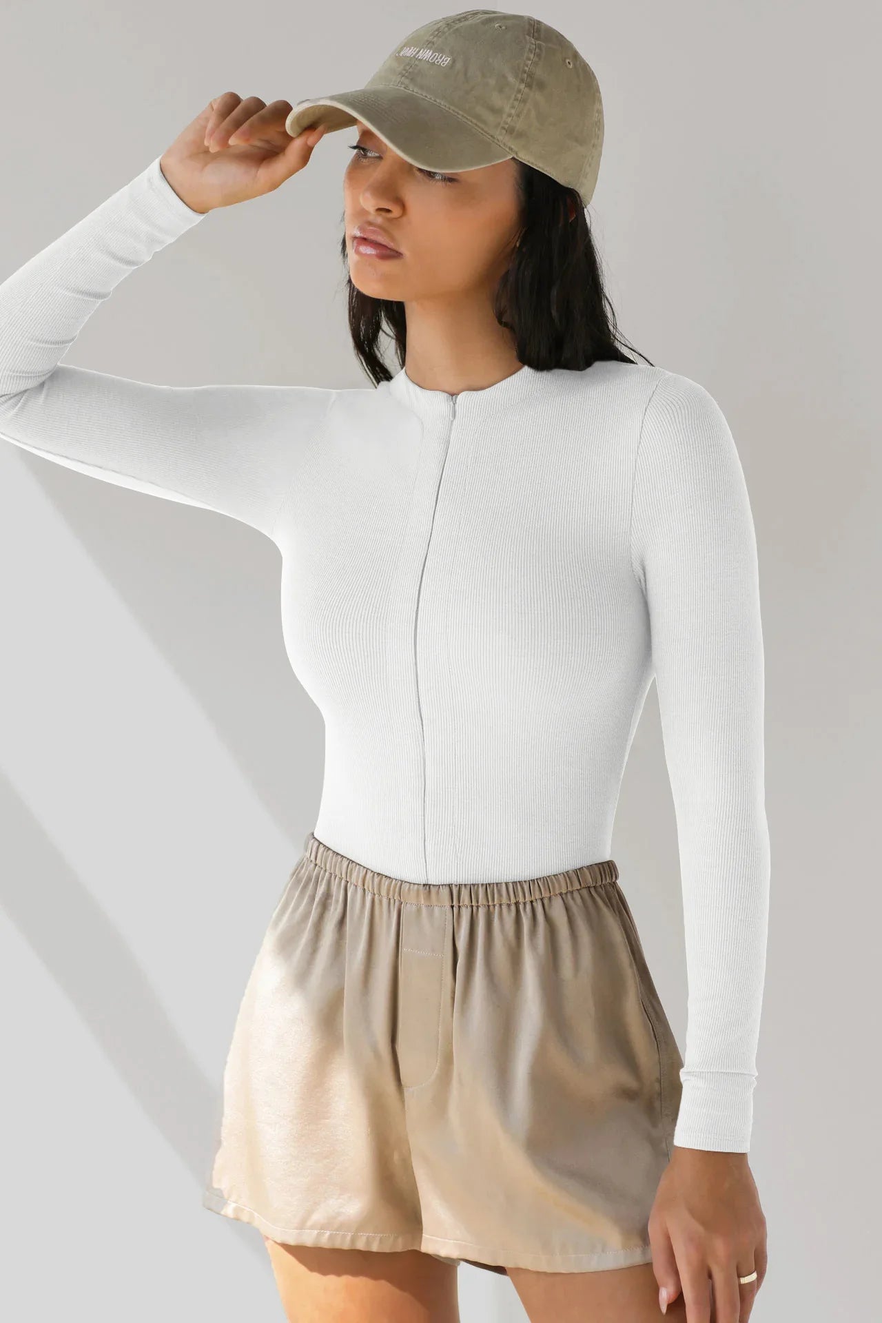 New Women's Jumpsuits Ribbed Long Sleeve Bodysuit Front Zip V Neck Bodycon Tops Stretchy Slim Fit Casual Streetwear for Daily