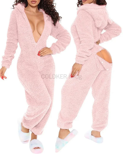 Women Jumpsuit Long Sleeve Pajama Zipper Hooded Jumpsuit Casual Winter Warm Sleepwear Sexy Butt Button Back Flap Home Clothing