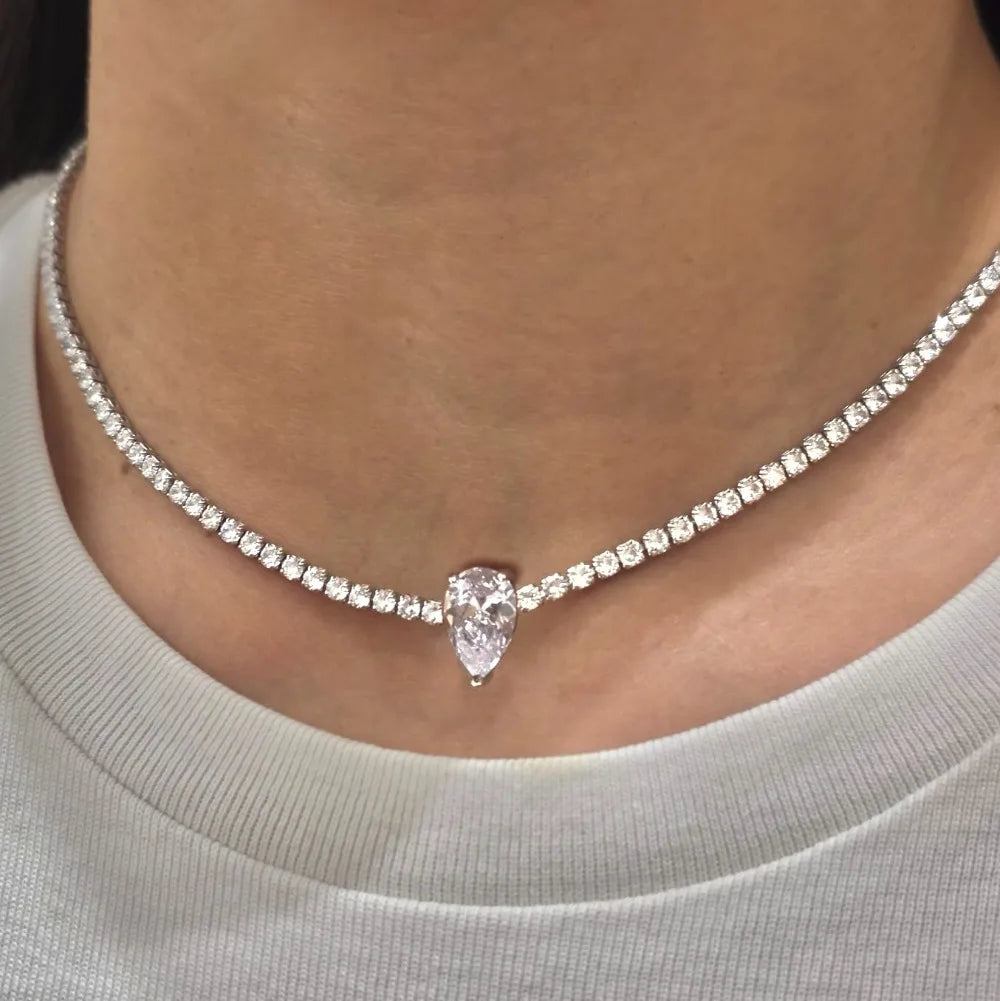 2mm Round Moissanite Riviera Tennis Necklace&Pear Cut Diamond Pendant Adjustable Choker for Women 925 Sterling Silver Jewelry