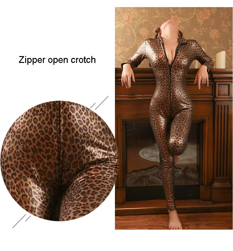 Long Sleeve Shiny PU Leather Catsuit Two Way Zipper Open Crotch Bodysuit Tights Cosplay Leotard Conjoined Sexy Clubwear Jumpsuit