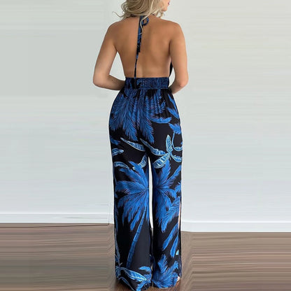 New Summer Sleeveless Halter Jumpsuits for Women Backless Print Lace-up Wide-leg Women Jumpsuit Rompers Womens Jumpsuit