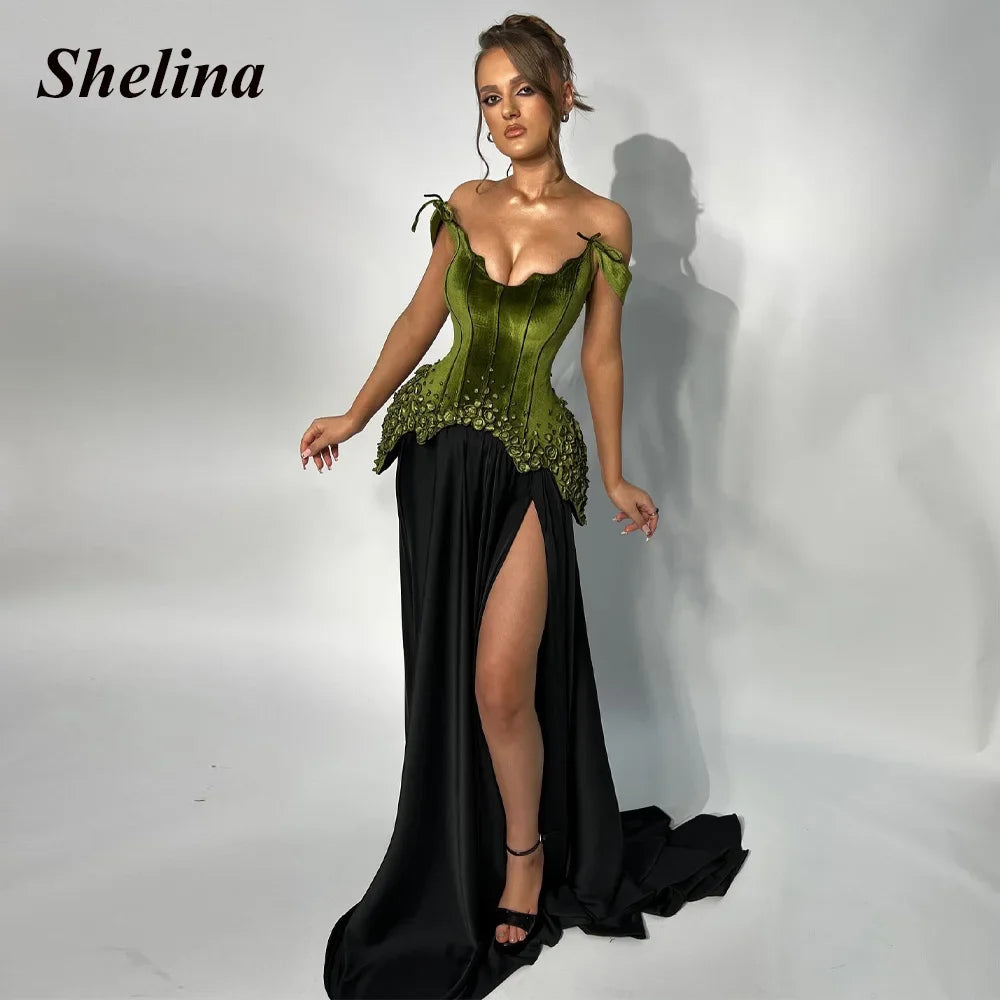 Shelina Stylish Satin Prom Dresses for Women A-line Off the Shoulder High Slit Scalloped Neck Robes De Soiree Customized