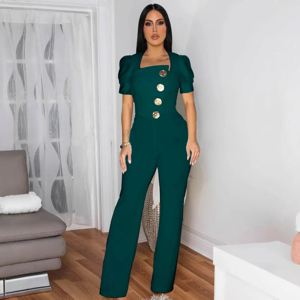 CM.YAYA Fashion Women Button Front Puff Short Sleeve Wide Leg Jumpsuits 2025 Sexy OL Chic Party Outfits One Piece Suit Rompers