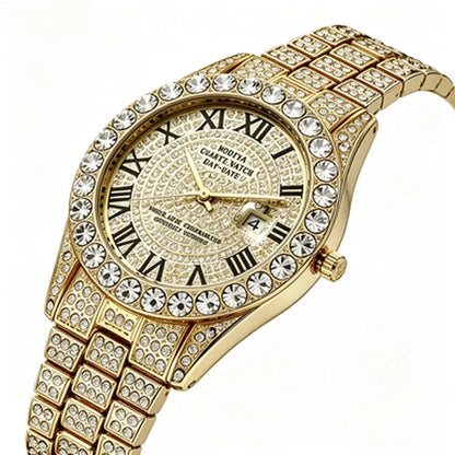 Luxury Gold Sparkling Rhinestone Iced Out Watch Unisex Quartz Calendar Wristwatch Men Women Party Jewelry Clock