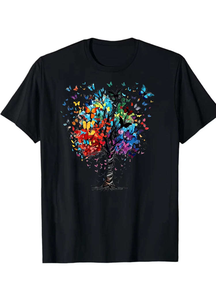 Lady CLothes Crew Neck Short Sleeve Watercolor StyleColorful Butterfly Tree Print T Shirt Women's Outfits Casual Daily Wear