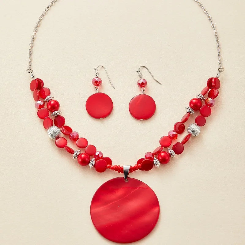 3PCS Bohemian Ethnic Style Exaggerated Personality Red Round Pendant Earring Necklace Women's Holiday Party Accessories