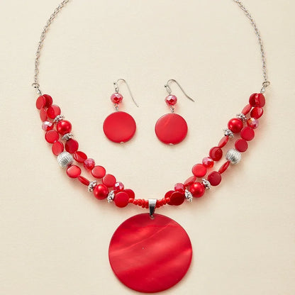 3PCS Bohemian Ethnic Style Exaggerated Personality Red Round Pendant Earring Necklace Women's Holiday Party Accessories