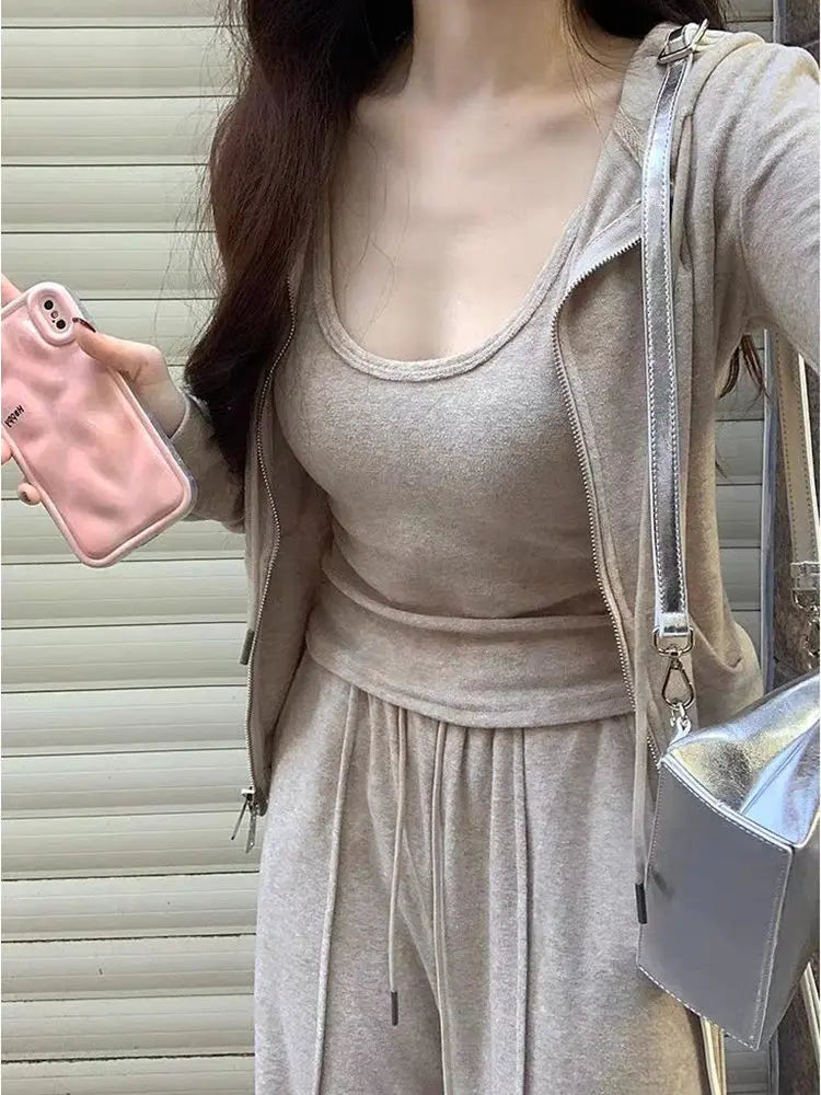 Casual Sportswear Women's Spring Autumn Three-Piece Set Slimming Fashionable Jacket Vest Wide Leg Pants for Short Women