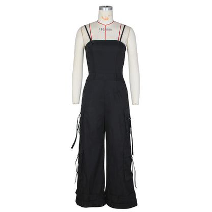 Jumpsuits Women One Piece Cargo Pant Wide Leg Long Pants Loose Casual Sling Sleeveless Overalls Y2k Strapless Solid Rompers