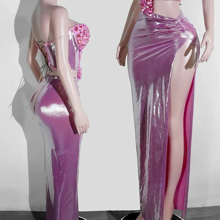 Woman Performance Suit Sexy Pink Backless Strapless Rhinestones Dress Event Costume Dancewear Top And Skirt Birthday Drag Club