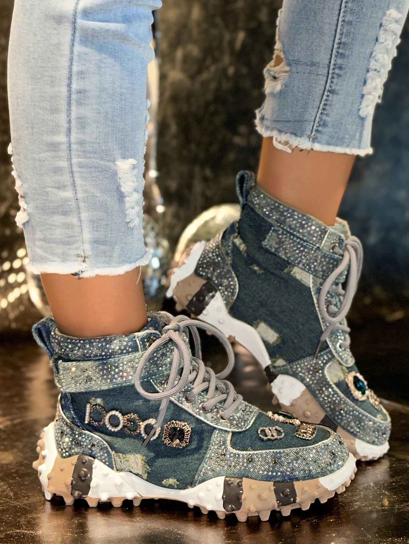 Women Rhinestone Casual Luxury Sneakers Diamond High-Top Designer Boots Thick Bottom Shoes Female Tennis Outdoors Walking Shoes