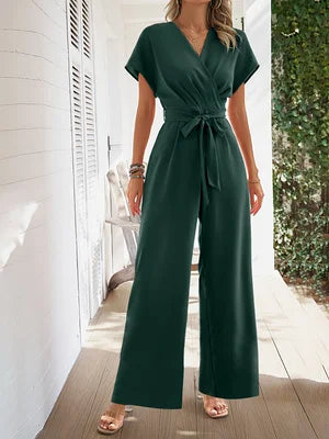 2026 Spring/Summer New Women's V-Neck Tie-Waist Jumpsuit Short Sleeve Wide-Leg Pants Jumpsuit Commuting Vacation Style Elegant Romper