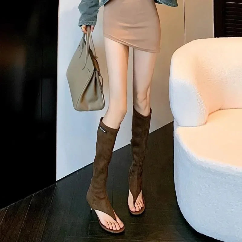 2025 Black Open Toe Clip-On Knee Boots Women's Modern Booties Thin Low Heel Side Zip Spring Summer Party Heels Sandals