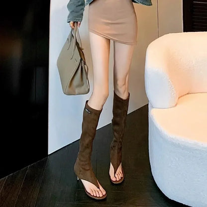 2025 Black Open Toe Clip-On Knee Boots Women's Modern Booties Thin Low Heel Side Zip Spring Summer Party Heels Sandals