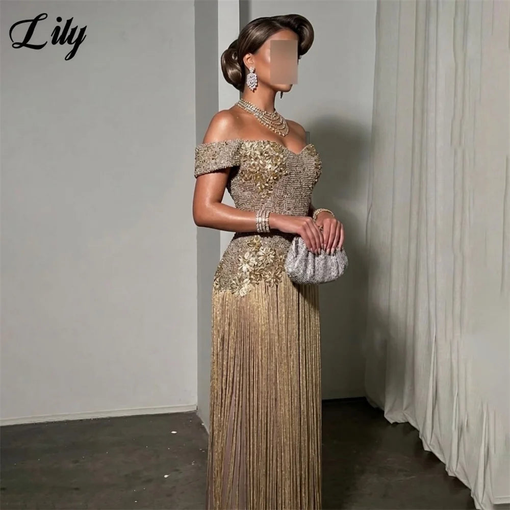 Lily Champagne Gold Party Dress Rhinestone Corset Gold Fringe Evening Dress Off Shoulder Formal Gown  Prom Gown Customized