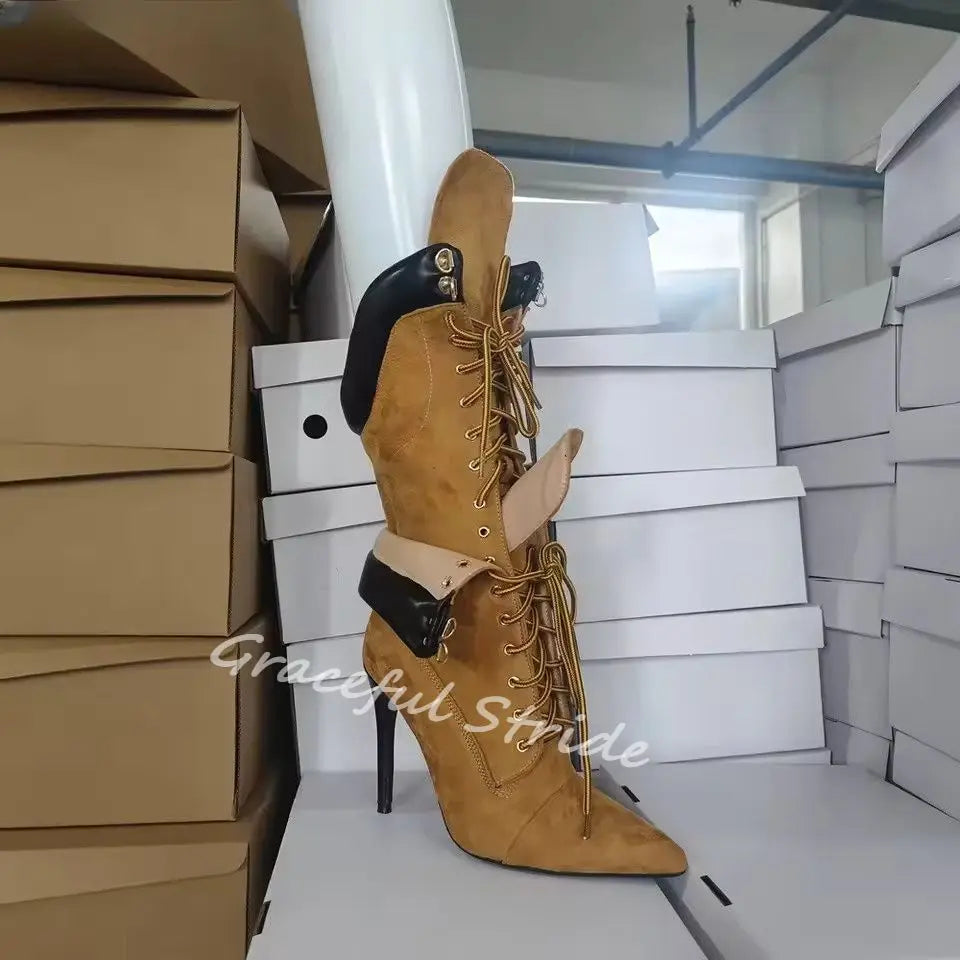 2026 Winter Brown Patchwork Boots Double Lace-Up Pointed Toe Stiletto Heel Fashion Novelty Boots Knee High Suede Women Boots