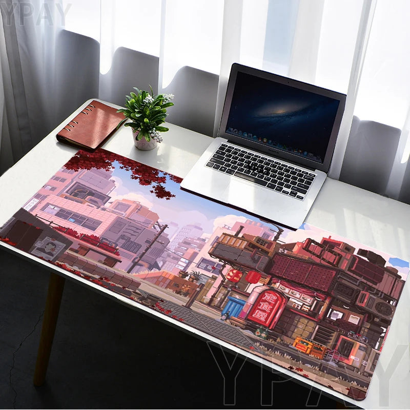 Pixel Mouse Pad Japan Street Large Gamer Mousepad Keyboard Mat Office Mouse Mats Rubber Slipamt Deskpad XXL Table Mat