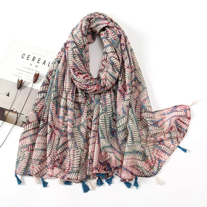 2025 Japanese Boho Linen Scarf: Vintage Floral Print Patchwork Shawl - Sun Protection Fringe Wrap Women