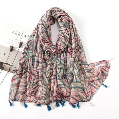 2025 Japanese Boho Linen Scarf: Vintage Floral Print Patchwork Shawl - Sun Protection Fringe Wrap Women