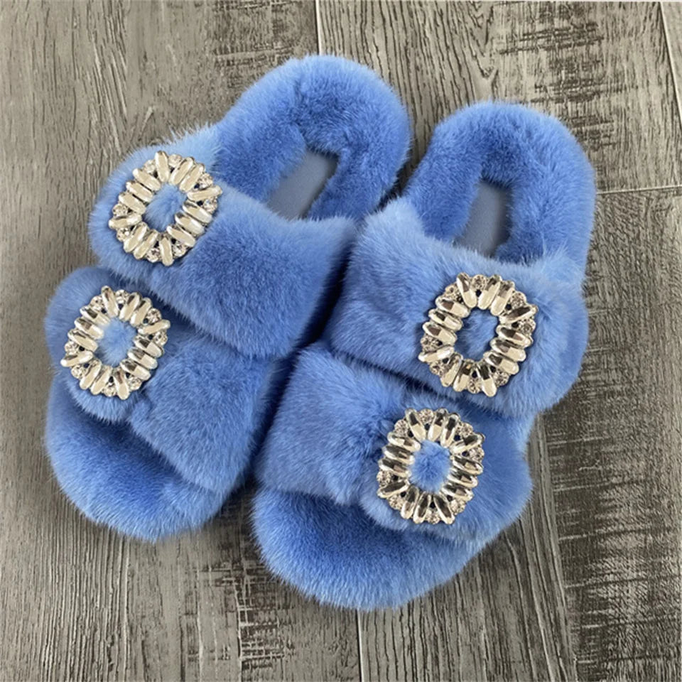 2025 New Women Fur Slippers Shoes Women Warm Winter Crystal Fur Shoes For Women Slippers Casual Plush Comfortable Mink Slippers